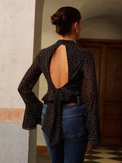 COMMENSE Backless Polka Dot Bow Chiffon Shirt* Tops