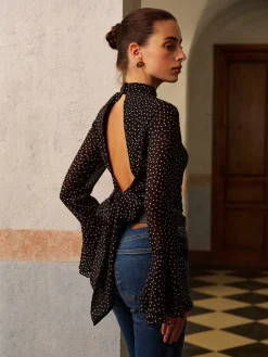 COMMENSE Backless Polka Dot Bow Chiffon Shirt* Tops