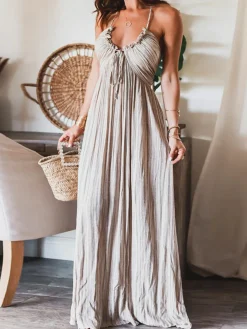 COMMENSE Backless U-Neck Halter Strap Long Dress* White Dresses|Casual Dresses
