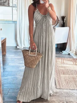 COMMENSE Backless U-Neck Halter Strap Long Dress* White Dresses|Casual Dresses