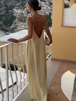COMMENSE Backless Vacation Satin Long Dress* Casual Dresses|Vacation Dresses