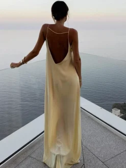 COMMENSE Backless Vacation Satin Long Dress* Casual Dresses|Vacation Dresses