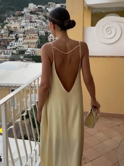 COMMENSE Backless Vacation Satin Long Dress* Casual Dresses|Vacation Dresses