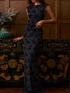COMMENSE Backless Velvet-Floral Pleated Skirt Set* Skirt Sets|Long Sleeve Sets