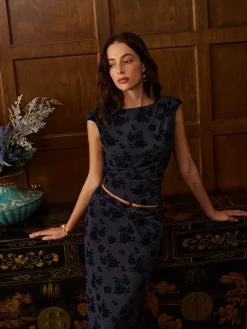 COMMENSE Backless Velvet-Floral Pleated Skirt Set* Skirt Sets|Long Sleeve Sets