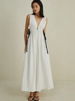 COMMENSE Backless V-neck Drawstring Long Dress* White Dresses|Cocktail & Party Dresses