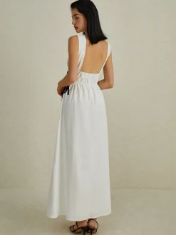 COMMENSE Backless V-neck Drawstring Long Dress* White Dresses|Cocktail & Party Dresses