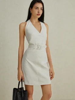 COMMENSE Backless V-Neck Short Dress With Belt* White Dresses|Casual Dresses