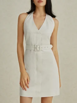 COMMENSE Backless V-Neck Short Dress With Belt* White Dresses|Casual Dresses