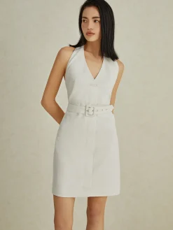 COMMENSE Backless V-Neck Short Dress With Belt* White Dresses|Casual Dresses