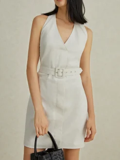 COMMENSE Backless V-Neck Short Dress With Belt* White Dresses|Casual Dresses