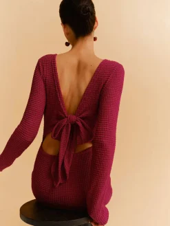 COMMENSE Backless Waffle Bow Knit Short Dress* Casual Dresses|Work Dresses
