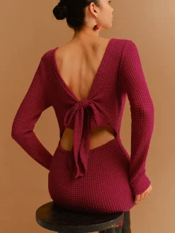 COMMENSE Backless Waffle Bow Knit Short Dress* Casual Dresses|Work Dresses