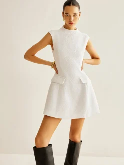 COMMENSE Backless Zipper Tweed Short Dress* White Dresses|Casual Dresses