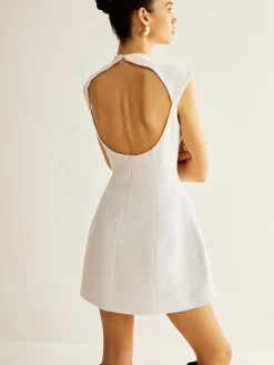 COMMENSE Backless Zipper Tweed Short Dress* White Dresses|Casual Dresses