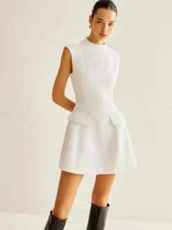 COMMENSE Backless Zipper Tweed Short Dress* White Dresses|Casual Dresses