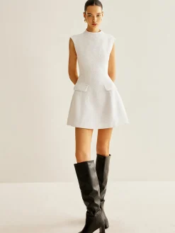 COMMENSE Backless Zipper Tweed Short Dress* White Dresses|Casual Dresses