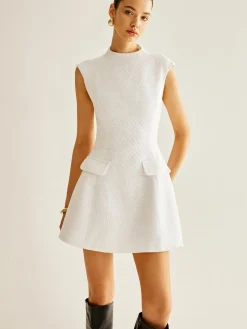 COMMENSE Backless Zipper Tweed Short Dress* White Dresses|Casual Dresses