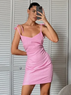 COMMENSE Barbie Beloved Cotton Backless Knotted Short Dress* Casual Dresses|Work Dresses