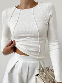 COMMENSE Basic Piping Long Sleeve Top* Sweater Tops|T-shirts