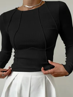 COMMENSE Basic Piping Long Sleeve Top* Sweater Tops|T-shirts