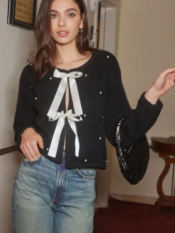 COMMENSE Beaded Decor Bow Knit Top* Sweater Tops|Sweaters & Cardigans