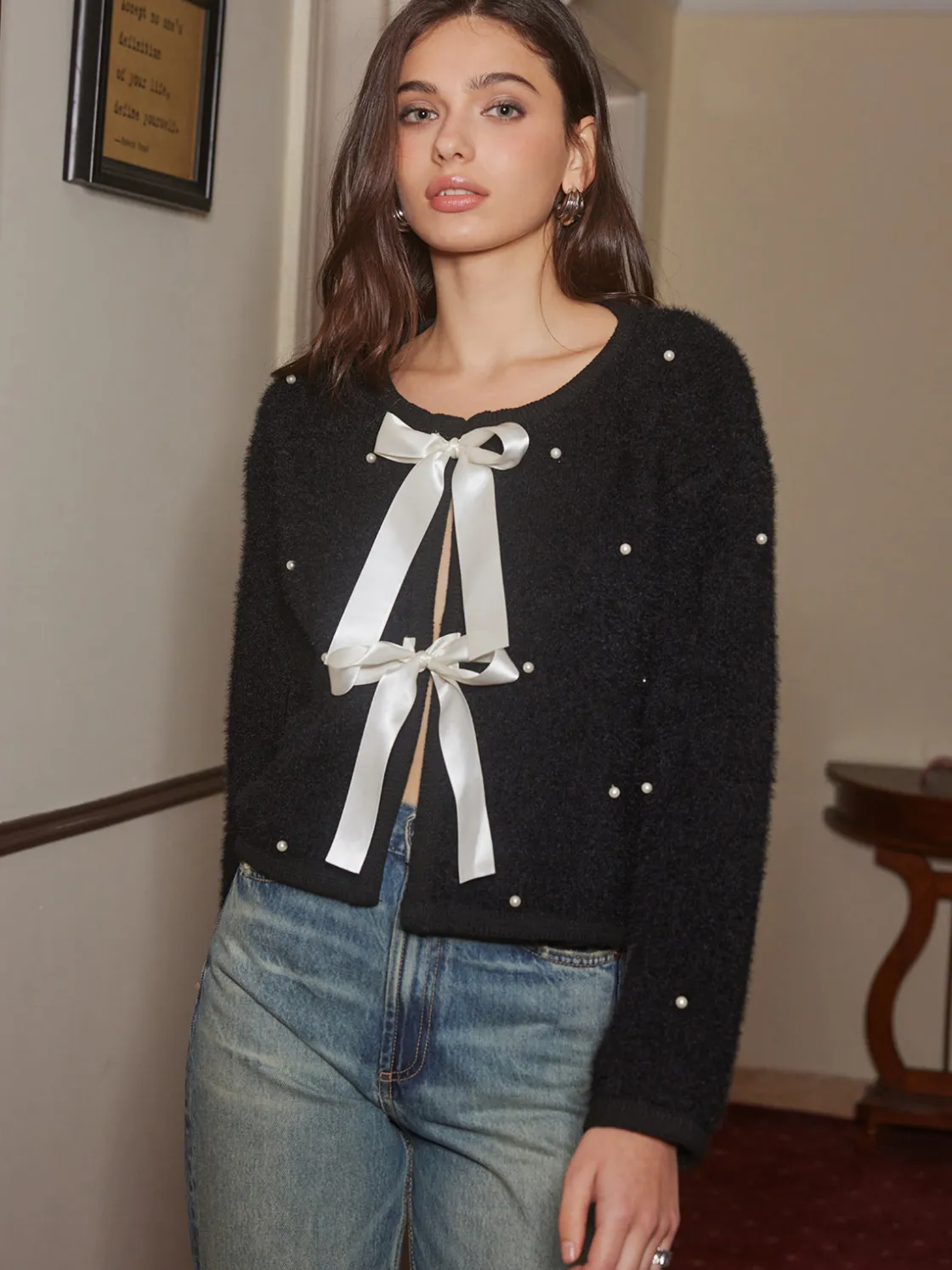 COMMENSE Beaded Decor Bow Knit Top* Sweater Tops|Sweaters & Cardigans