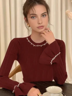 COMMENSE Beaded-Decor Ruffle Knit Top* Sweater Tops|Sweaters & Cardigans