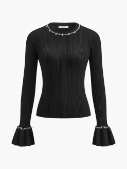 COMMENSE Beaded-Decor Ruffle Knit Top* Sweater Tops|Sweaters & Cardigans
