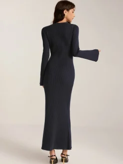 COMMENSE Bell Sleebe Metal Decor Long Dress* Sweater Dresses|Work Dresses