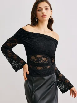 COMMENSE Bell Sleeve Off-Shoulder Lace Top* Blouses & Shirts