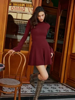 COMMENSE Bell Sleeve Pleated Sweater Short Dress* Sweater Dresses|Work Dresses