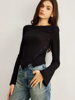 COMMENSE Bell Sleeve Side Button Jersey Top* T-shirts|Tops