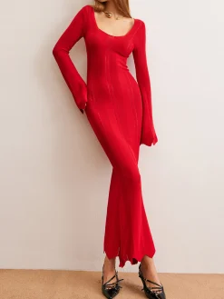 COMMENSE Bell Sleeve Slim Sweater Long Dress* Sweater Dresses|Cocktail & Party Dresses