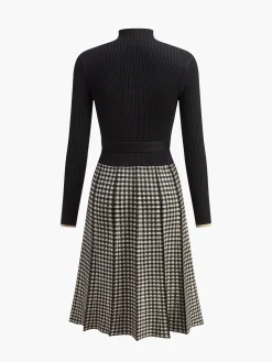COMMENSE Belted Plaid Panel Sweater Dress* Black Dresses|Sweater Dresses