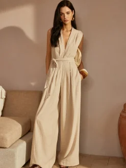 COMMENSE Belted Ruched V-Neck Jumpsuit* White Dresses|Jumpsuits & Rompers