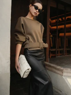 COMMENSE Belted Short Sweatshirt* Sweatshirts & Hoodies|Tops