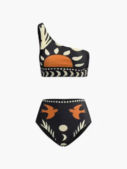 COMMENSE Bird Print Asymmetrical Neck Bikini Set* Swimwear|Tops