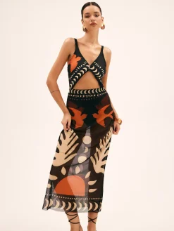 COMMENSE Bird Print Mesh Cover Up Maxi Skirt* Skirts|Matching Sets