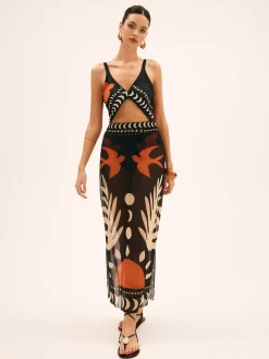 COMMENSE Bird Print Mesh Cover Up Maxi Skirt* Skirts|Matching Sets
