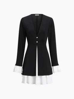 COMMENSE Blazer V-Neck Buttoned Short Dress* Black Dresses|Casual Dresses