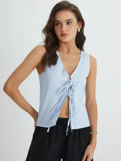COMMENSE Blue Gingham Tie Front Top* Tank Tops & Camis|Tops