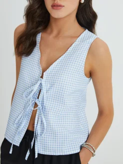 COMMENSE Blue Gingham Tie Front Top* Tank Tops & Camis|Tops