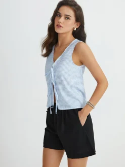 COMMENSE Blue Gingham Tie Front Top* Tank Tops & Camis|Tops