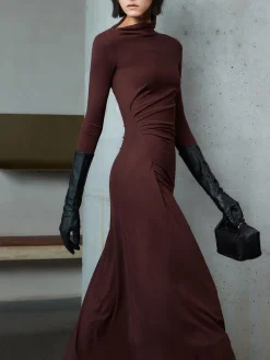 COMMENSE Bodycon Asymmetrical Neck Long Sleeve Ruched Maxi Dress* Black Dresses|Casual Dresses