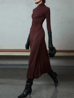 COMMENSE Bodycon Asymmetrical Neck Long Sleeve Ruched Maxi Dress* Black Dresses|Casual Dresses