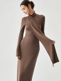 COMMENSE Bodycon High Neck Ribbed Knit Long Dress with Matching Scarf* Casual Dresses|Work Dresses