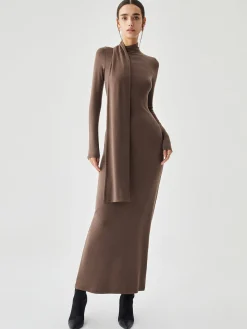 COMMENSE Bodycon High Neck Ribbed Knit Long Dress with Matching Scarf* Casual Dresses|Work Dresses
