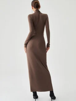 COMMENSE Bodycon High Neck Ribbed Knit Long Dress with Matching Scarf* Casual Dresses|Work Dresses