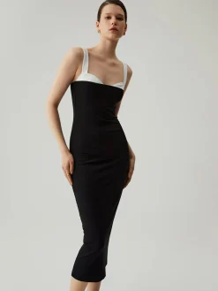 COMMENSE Bodycon Patchwork Sweetheart Collar Cami Midi Dress* Black Dresses|Vacation Dresses